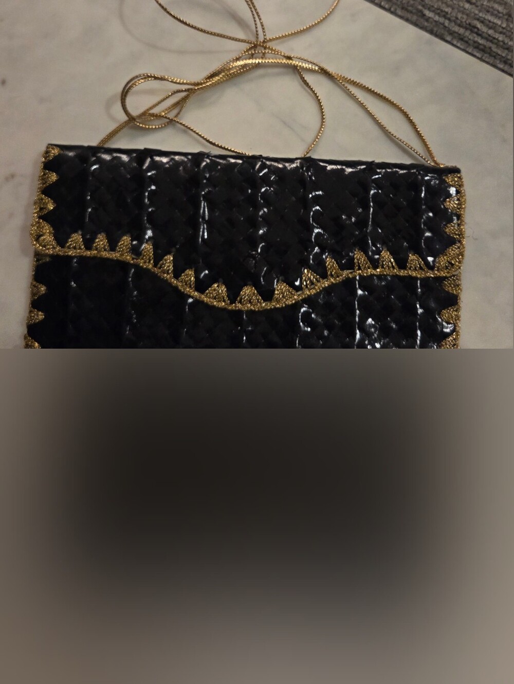 La Regale Black Woven Patent Clutch with Gold Trim and Chain